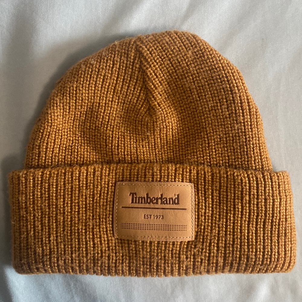 Timberland Tan Brown One Size Woven Knit Beanie Hat With Leather Patch Logo